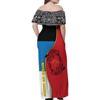 Antigua and Barbuda Tribal Family Matching Off Shoulder Maxi Dress and Hawaiian Shirt with Polynesian Dolphin Sun Design with National Flag Colors - Wonder Print Shop