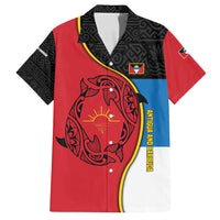 Antigua and Barbuda Tribal Family Matching Off Shoulder Short Dress and Hawaiian Shirt with Polynesian Dolphin Sun Design with National Flag Colors - Wonder Print Shop