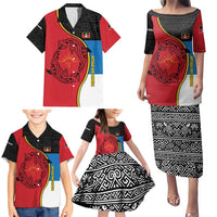 Antigua and Barbuda Tribal Family Matching Puletasi and Hawaiian Shirt with Polynesian Dolphin Sun Design with National Flag Colors - Wonder Print Shop