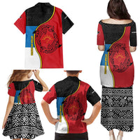 Antigua and Barbuda Tribal Family Matching Puletasi and Hawaiian Shirt with Polynesian Dolphin Sun Design with National Flag Colors - Wonder Print Shop