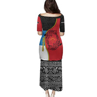 Antigua and Barbuda Tribal Family Matching Puletasi and Hawaiian Shirt with Polynesian Dolphin Sun Design with National Flag Colors - Wonder Print Shop