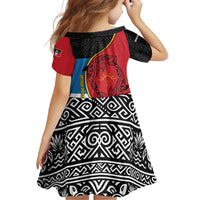 Antigua and Barbuda Tribal Family Matching Short Sleeve Bodycon Dress and Hawaiian Shirt with Polynesian Dolphin Sun Design with National Flag Colors - Wonder Print Shop