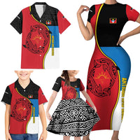 Antigua and Barbuda Tribal Family Matching Short Sleeve Bodycon Dress and Hawaiian Shirt with Polynesian Dolphin Sun Design with National Flag Colors - Wonder Print Shop