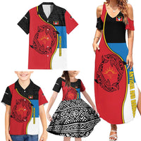 Antigua and Barbuda Tribal Family Matching Summer Maxi Dress and Hawaiian Shirt with Polynesian Dolphin Sun Design with National Flag Colors - Wonder Print Shop
