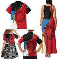Antigua and Barbuda Tribal Family Matching Tank Maxi Dress and Hawaiian Shirt with Polynesian Dolphin Sun Design with National Flag Colors - Wonder Print Shop