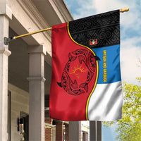 Antigua and Barbuda Tribal Garden Flag with Polynesian Dolphin Sun Design with National Flag Colors - Wonder Print Shop