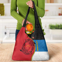 Antigua and Barbuda Tribal Grocery Bag with Polynesian Dolphin Sun Design with National Flag Colors - Wonder Print Shop