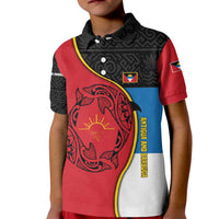 Antigua and Barbuda Tribal Kid Polo Shirt with Polynesian Dolphin Sun Design with National Flag Colors - Wonder Print Shop