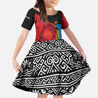 Antigua and Barbuda Tribal Kid Short Sleeve Dress with Polynesian Dolphin Sun Design with National Flag Colors - Wonder Print Shop