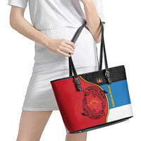 Antigua and Barbuda Tribal Leather Tote Bag with Polynesian Dolphin Sun Design with National Flag Colors - Wonder Print Shop
