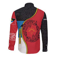 Antigua and Barbuda Tribal Long Sleeve Button Shirt with Polynesian Dolphin Sun Design with National Flag Colors - Wonder Print Shop