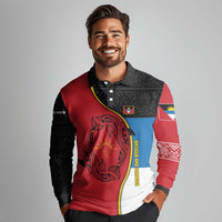 Antigua and Barbuda Tribal Long Sleeve Polo Shirt with Polynesian Dolphin Sun Design with National Flag Colors - Wonder Print Shop