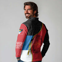 Antigua and Barbuda Tribal Long Sleeve Polo Shirt with Polynesian Dolphin Sun Design with National Flag Colors - Wonder Print Shop