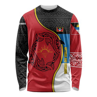 Antigua and Barbuda Tribal Long Sleeve Shirt with Polynesian Dolphin Sun Design with National Flag Colors - Wonder Print Shop