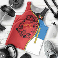 Antigua and Barbuda Tribal Men Tank Top with Polynesian Dolphin Sun Design with National Flag Colors - Wonder Print Shop