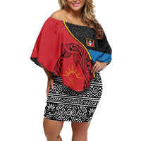 Antigua and Barbuda Tribal Off Shoulder Short Dress with Polynesian Dolphin Sun Design with National Flag Colors - Wonder Print Shop