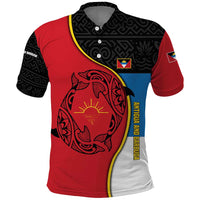 Antigua and Barbuda Tribal Polo Shirt with Polynesian Dolphin Sun Design with National Flag Colors - Wonder Print Shop