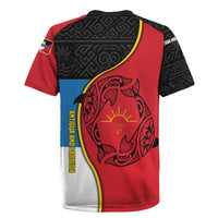 Antigua and Barbuda Tribal Rugby Jersey with Polynesian Dolphin Sun Design with National Flag Colors - Wonder Print Shop
