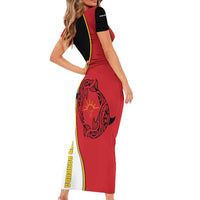 Antigua and Barbuda Tribal Short Sleeve Bodycon Dress with Polynesian Dolphin Sun Design with National Flag Colors - Wonder Print Shop