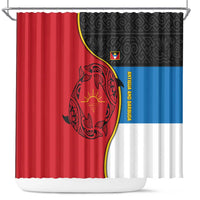 Antigua and Barbuda Tribal Shower Curtain with Polynesian Dolphin Sun Design with National Flag Colors - Wonder Print Shop