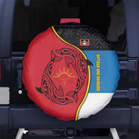 Antigua and Barbuda Tribal Spare Tire Cover with Polynesian Dolphin Sun Design with National Flag Colors - Wonder Print Shop