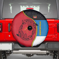 Antigua and Barbuda Tribal Spare Tire Cover with Polynesian Dolphin Sun Design with National Flag Colors - Wonder Print Shop