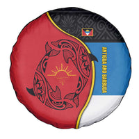 Antigua and Barbuda Tribal Spare Tire Cover with Polynesian Dolphin Sun Design with National Flag Colors - Wonder Print Shop