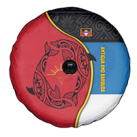 Antigua and Barbuda Tribal Spare Tire Cover with Polynesian Dolphin Sun Design with National Flag Colors - Wonder Print Shop