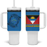 Antigua and Barbuda Tribal Tumbler With Handle with Polynesian Dolphin Sun Design with National Flag Colors - Wonder Print Shop