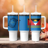 Antigua and Barbuda Tribal Tumbler With Handle with Polynesian Dolphin Sun Design with National Flag Colors - Wonder Print Shop