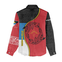 Antigua and Barbuda Tribal Women Casual Shirt with Polynesian Dolphin Sun Design with National Flag Colors - Wonder Print Shop