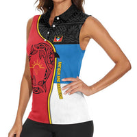 Antigua and Barbuda Tribal Women Sleeveless Polo Shirt with Polynesian Dolphin Sun Design with National Flag Colors - Wonder Print Shop