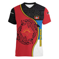 Antigua and Barbuda Tribal Women V-Neck T-Shirt with Polynesian Dolphin Sun Design with National Flag Colors - Wonder Print Shop