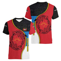 Antigua and Barbuda Tribal Women V-Neck T-Shirt with Polynesian Dolphin Sun Design with National Flag Colors - Wonder Print Shop