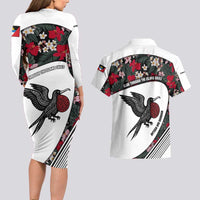 Antigua and Barbuda Hummingbird Couples Matching Long Sleeve Bodycon Dress and Hawaiian Shirt with Tribal Bird and Tropical Floral Design with Island Flag - Wonder Print Shop