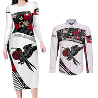 Antigua and Barbuda Hummingbird Couples Matching Long Sleeve Bodycon Dress and Long Sleeve Button Shirt with Tribal Bird and Tropical Floral Design with Island Flag - Wonder Print Shop