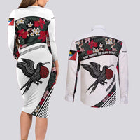 Antigua and Barbuda Hummingbird Couples Matching Long Sleeve Bodycon Dress and Long Sleeve Button Shirt with Tribal Bird and Tropical Floral Design with Island Flag - Wonder Print Shop