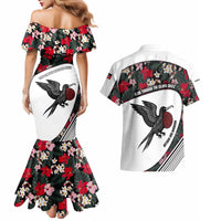 Antigua and Barbuda Hummingbird Couples Matching Mermaid Dress and Hawaiian Shirt with Tribal Bird and Tropical Floral Design with Island Flag - Wonder Print Shop
