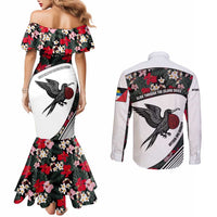 Antigua and Barbuda Hummingbird Couples Matching Mermaid Dress and Long Sleeve Button Shirt with Tribal Bird and Tropical Floral Design with Island Flag - Wonder Print Shop