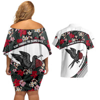Antigua and Barbuda Hummingbird Couples Matching Off Shoulder Short Dress and Hawaiian Shirt with Tribal Bird and Tropical Floral Design with Island Flag - Wonder Print Shop