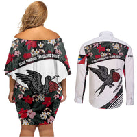 Antigua and Barbuda Hummingbird Couples Matching Off Shoulder Short Dress and Long Sleeve Button Shirt with Tribal Bird and Tropical Floral Design with Island Flag - Wonder Print Shop