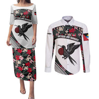 Antigua and Barbuda Hummingbird Couples Matching Puletasi and Long Sleeve Button Shirt with Tribal Bird and Tropical Floral Design with Island Flag - Wonder Print Shop