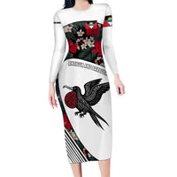 Antigua and Barbuda Hummingbird Long Sleeve Bodycon Dress with Tribal Bird and Tropical Floral Design with Island Flag - Wonder Print Shop