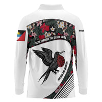 Antigua and Barbuda Hummingbird Long Sleeve Polo Shirt with Tribal Bird and Tropical Floral Design with Island Flag - Wonder Print Shop