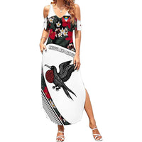 Antigua and Barbuda Hummingbird Summer Maxi Dress with Tribal Bird and Tropical Floral Design with Island Flag - Wonder Print Shop