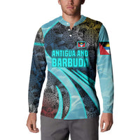 Antigua and Barbuda Sea Turtle Button Sweatshirt with Tribal Mandala Design with Ocean Waves and National Flag - Wonder Print Shop