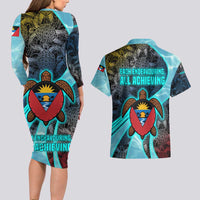Antigua and Barbuda Sea Turtle Couples Matching Long Sleeve Bodycon Dress and Hawaiian Shirt with Tribal Mandala Design with Ocean Waves and National Flag - Wonder Print Shop