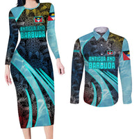 Antigua and Barbuda Sea Turtle Couples Matching Long Sleeve Bodycon Dress and Long Sleeve Button Shirt with Tribal Mandala Design with Ocean Waves and National Flag - Wonder Print Shop