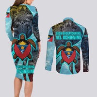 Antigua and Barbuda Sea Turtle Couples Matching Long Sleeve Bodycon Dress and Long Sleeve Button Shirt with Tribal Mandala Design with Ocean Waves and National Flag - Wonder Print Shop