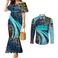 Antigua and Barbuda Sea Turtle Couples Matching Mermaid Dress and Long Sleeve Button Shirt with Tribal Mandala Design with Ocean Waves and National Flag - Wonder Print Shop